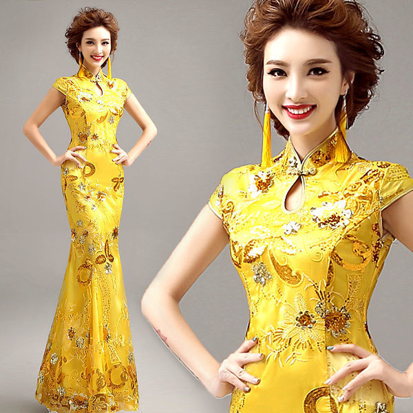 黄色中式旗袍舞台演出表演走秀礼仪主持人婚纱礼服改良版旗袍批发