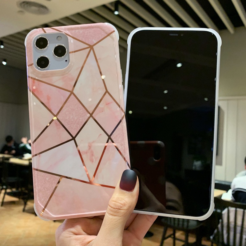 粉色电镀几何拼接大理石imd软壳12适用苹果13手机壳xs max保护套