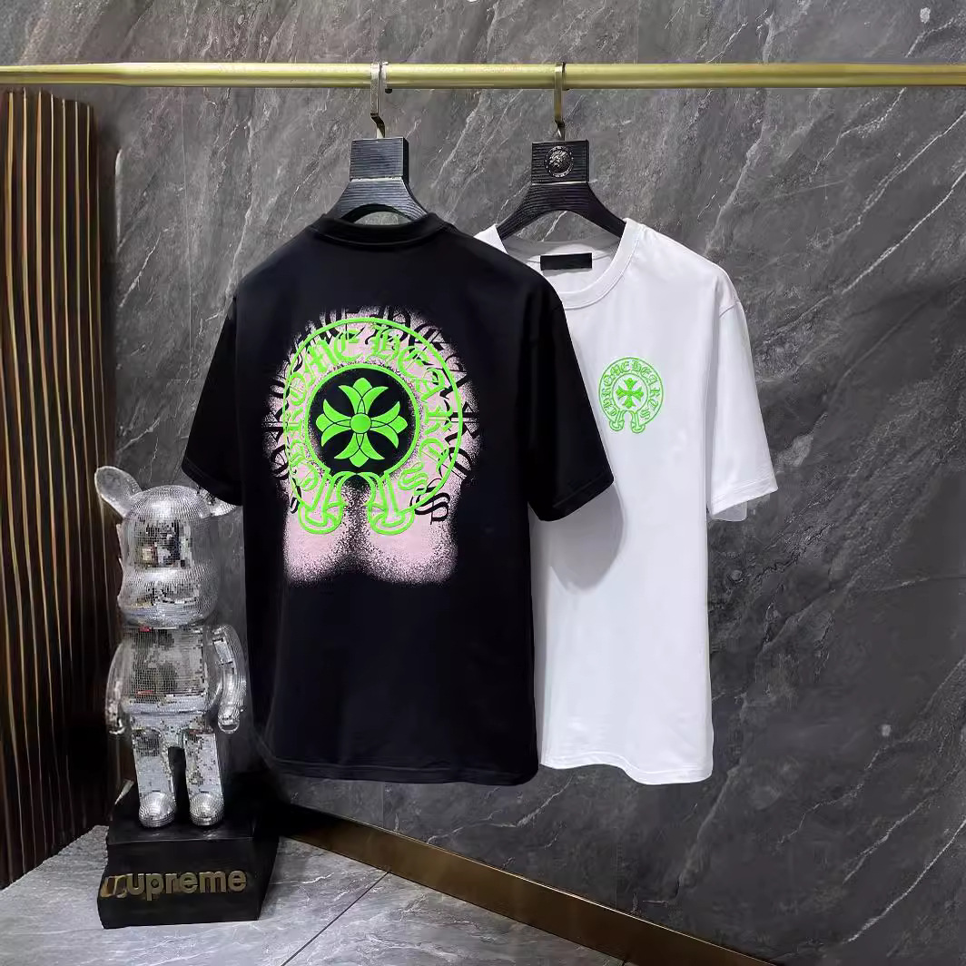 ch梵文十字架发泡夜光休闲短袖喷绘马蹄印男女潮流高街os宽松t恤