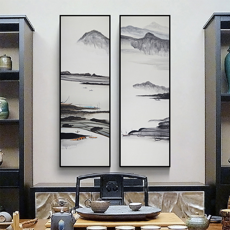 江守 新中式三联装饰画写意山水国画客厅书房挂画茶室禅意水墨画