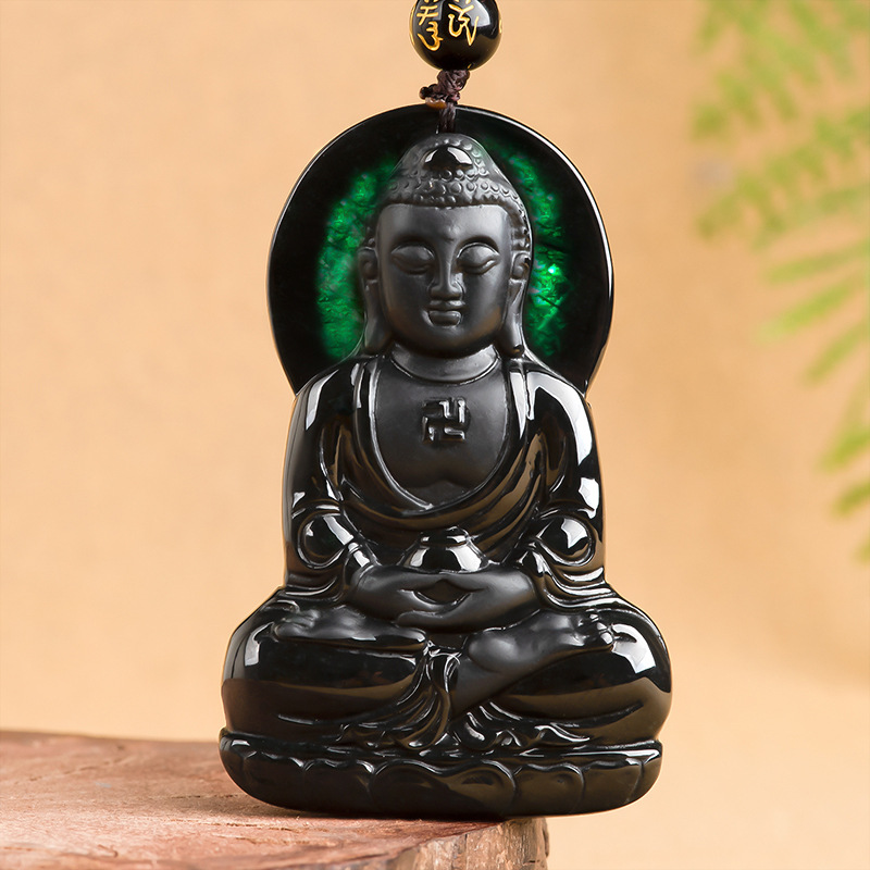 天然墨翠a货翡翠墨玉阿弥陀佛冰种玉石吊坠佛像挂件四会玉器批发