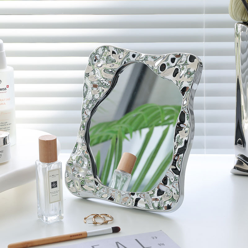 Desktop Cosmetic Mirror Ins Princess Mirror Student Dormitory Water Ripple with Bracket Irregular Simple Portable Mirror Electroplating