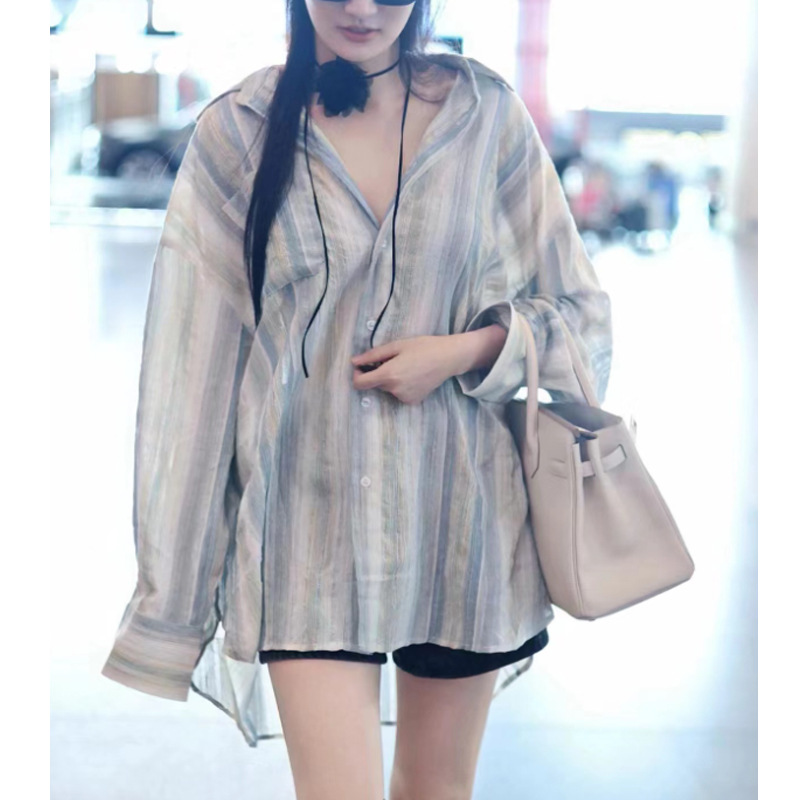 徐璐明星同款条纹衬衫夏季轻薄慵懒风宽松休闲百搭中长款上衣女潮