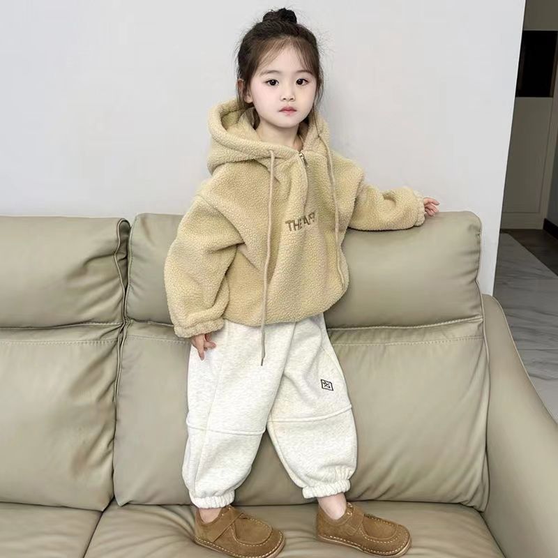 女童秋冬装潮流女宝宝带帽羊羔绒卫衣套装儿童保暖加绒卫裤两件套