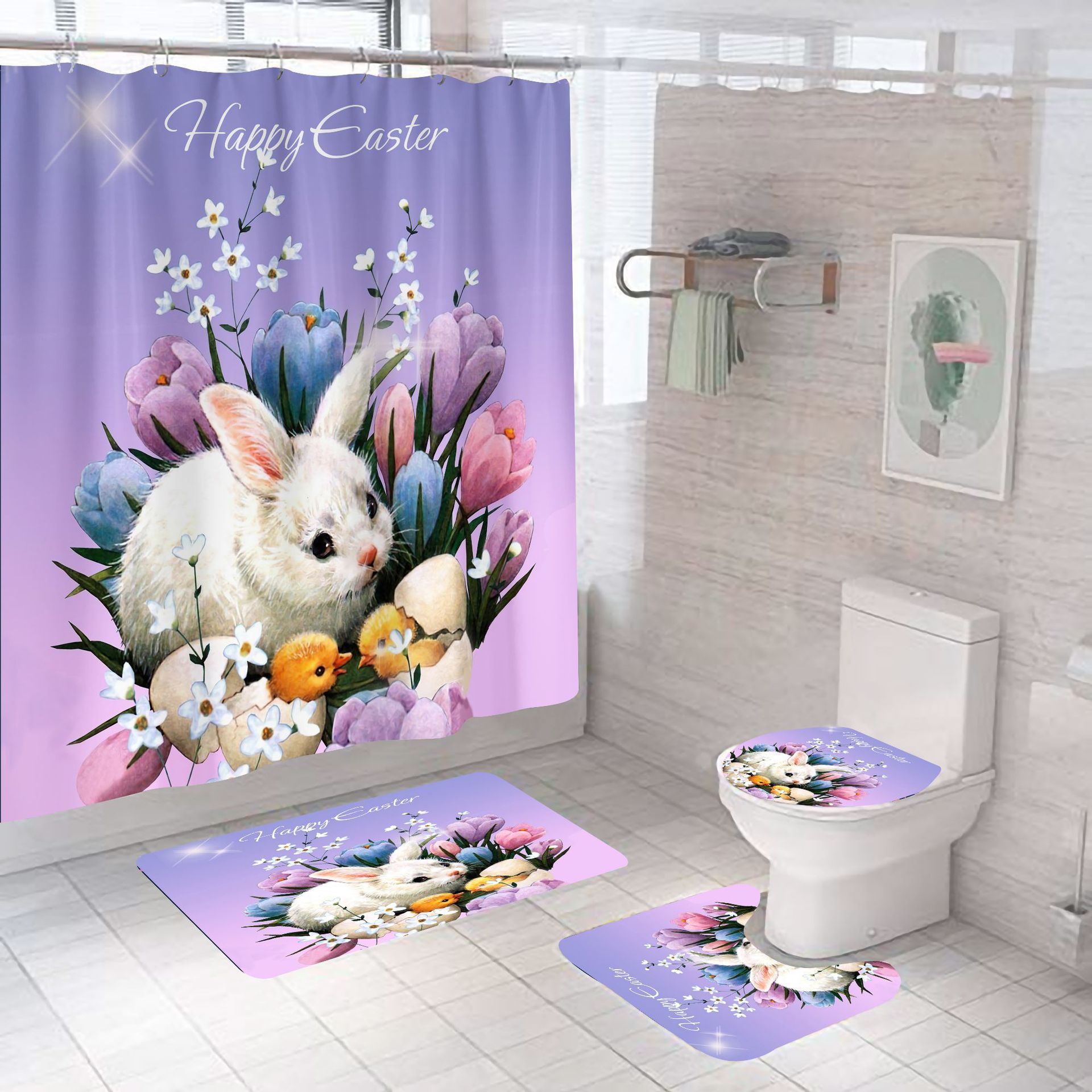 Cross-Border New Arrival Purple Background Rabbit Easter Shower Curtain Set Digital Printing Shower Curtain Punch-Free Shower Curtain Bathroom Curtain