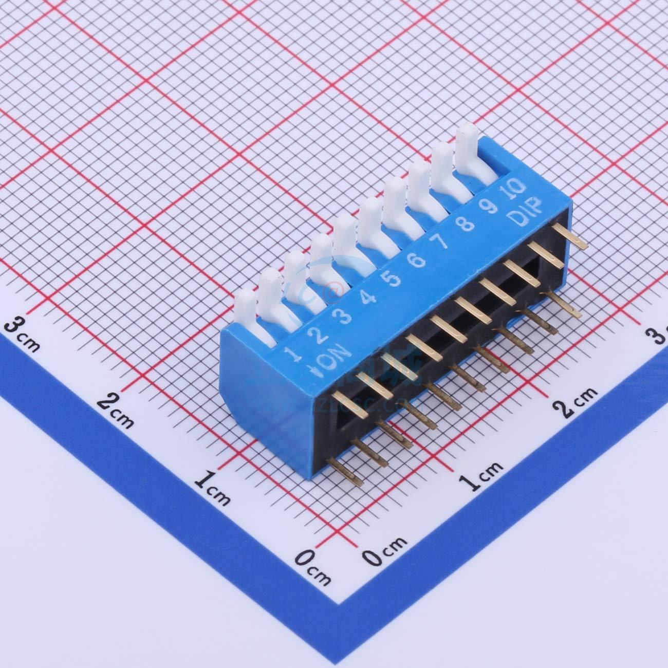 拨码开关蓝色10p-180度 间距2.54mm 立式直插侧拨琴键式10位dip