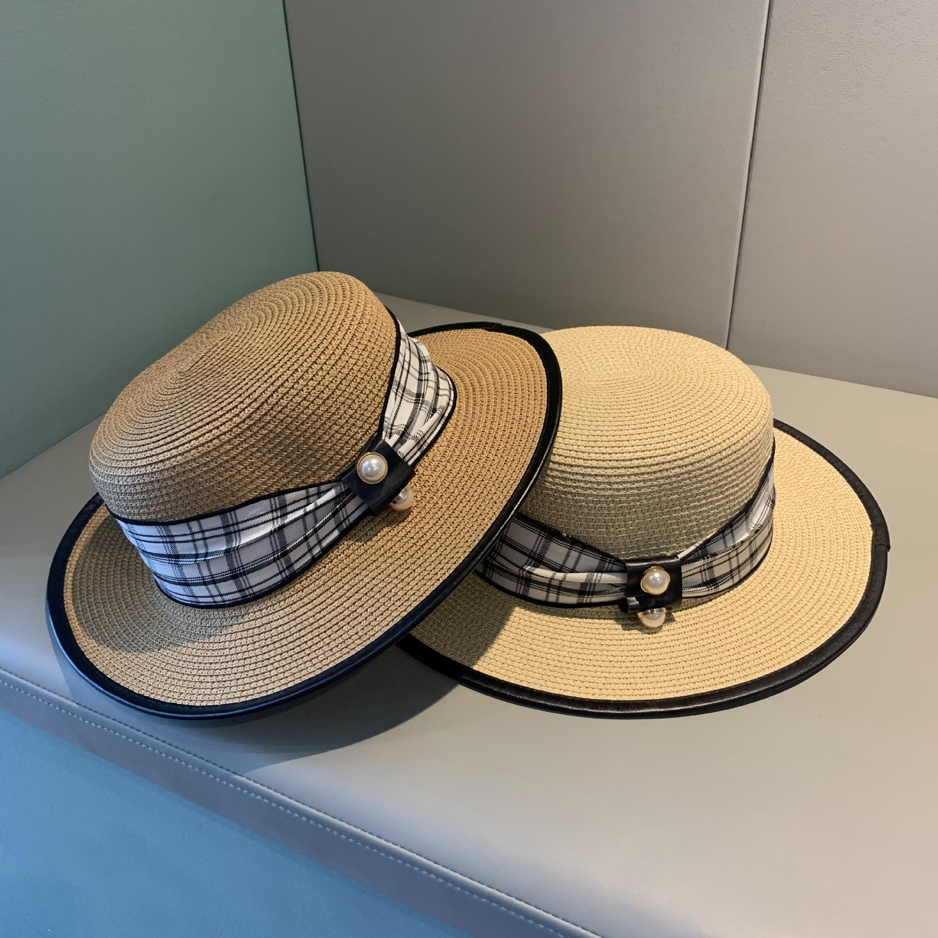 法式小香风格子珍珠草帽韩版优雅休闲平顶礼帽春夏出游百搭遮阳帽
