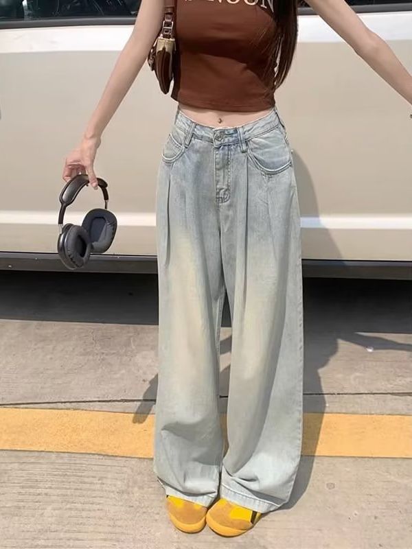 American Couple Jeans Women's Loose Wide Leg Drooping Straight Pants Trousers 2023 New Mop Trousers Women's Fashion