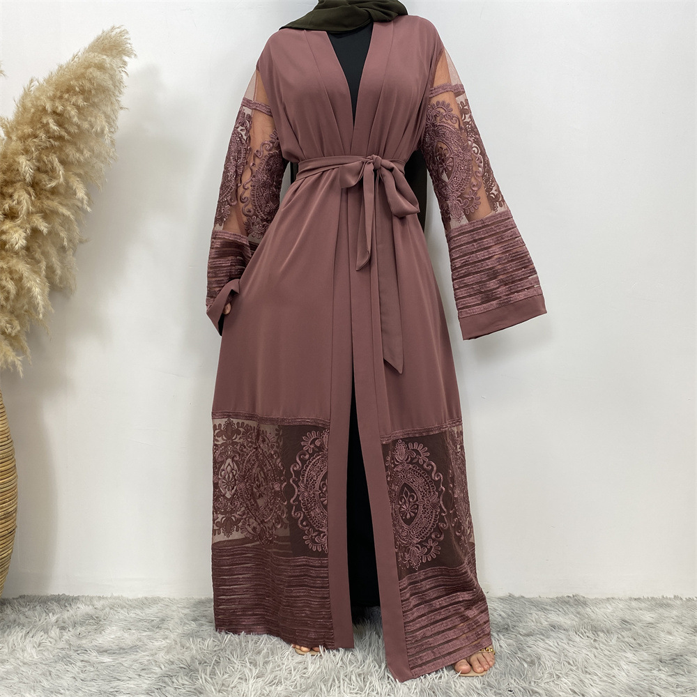 European and American Fashion Best-Seller Cardigan Women's Clothes Embroidered Mesh Dubai Robe Dress 1546