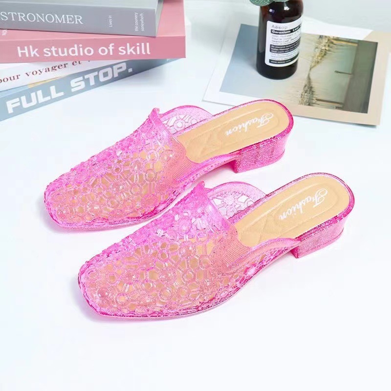 New Fashion Trending Sandals Women's Summer Beach Toe Cap Semi Slipper Lai Ren Crystal Slippers Thickened Mid Heel Non-Slip