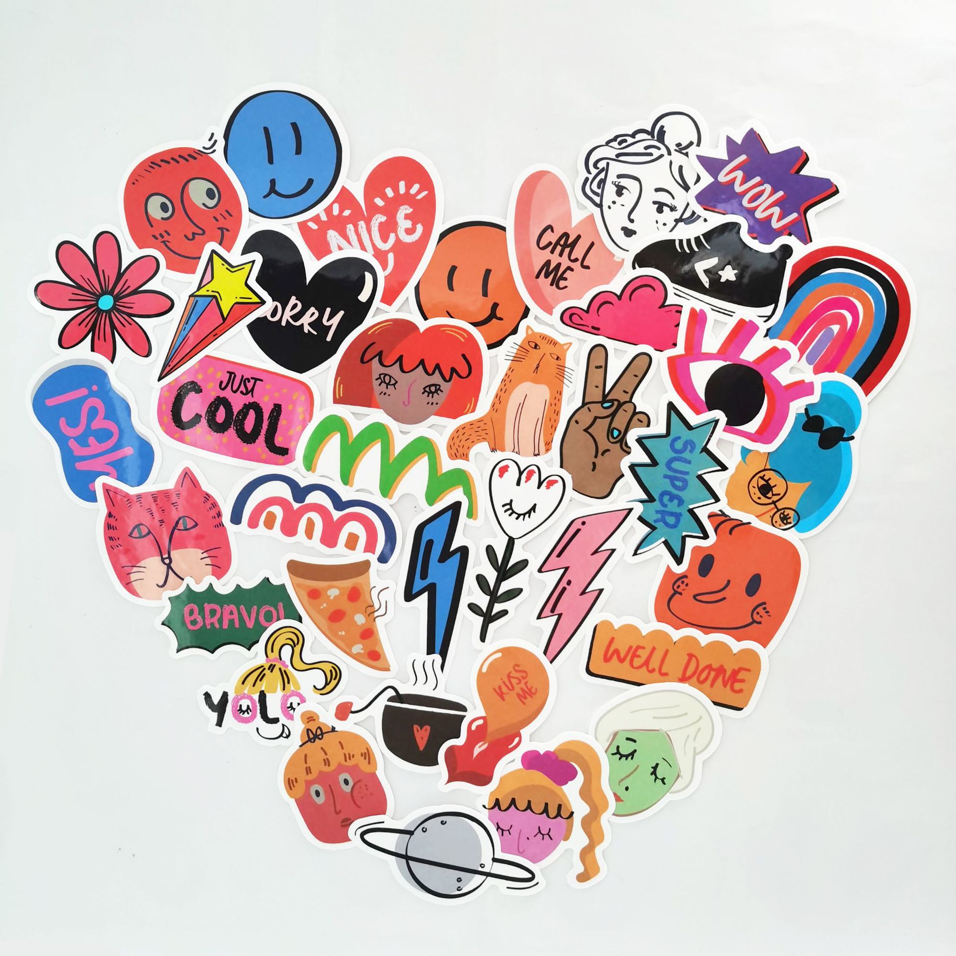 37张ins韩国笑脸cool涂鸦贴纸手账摩托车贴风扇冰箱滑板手机头盔