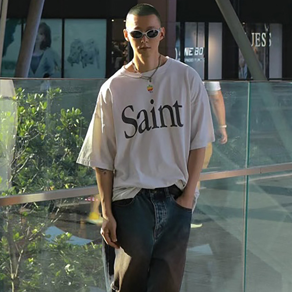 saint michael彩虹苹果胸前字母简约宽松休闲百搭圆领男女短袖t恤