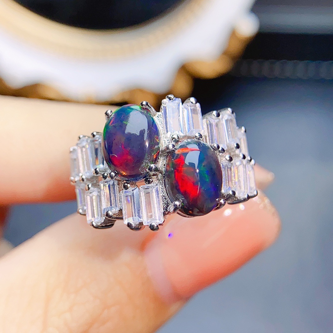 工厂批发爆款天然黑欧泊戒指s925银镶嵌主石6*8热销欧美一件代发