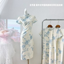 夏季新款新中式中国风绣球花印花连衣裙
