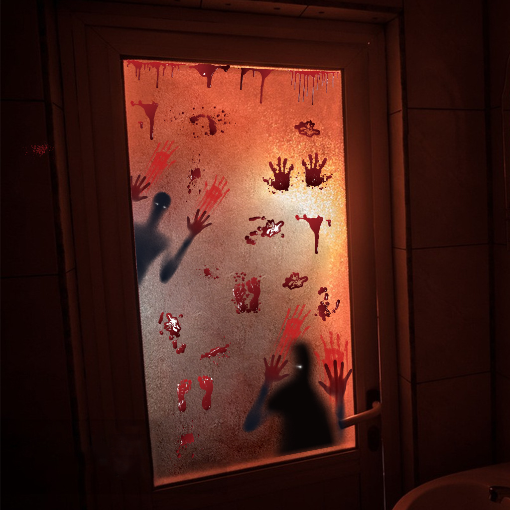 魔鬼出没血手印万圣节磨砂贴纸  1220喷绘鬼节橱窗装饰恐怖墙贴