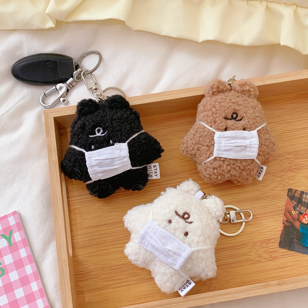 包包挂饰ins风可爱毛绒口罩小熊配饰挂件甜美卡通情侣公仔钥匙扣