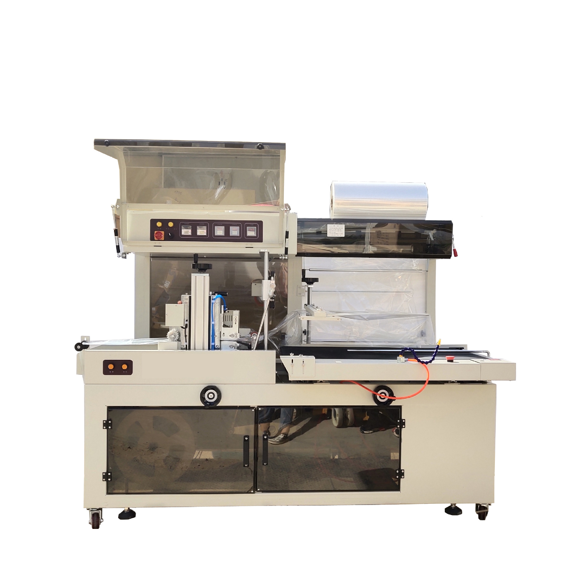 供应全自动封切热收缩包装机 l自动套膜套袋机 边封pof套袋收缩机