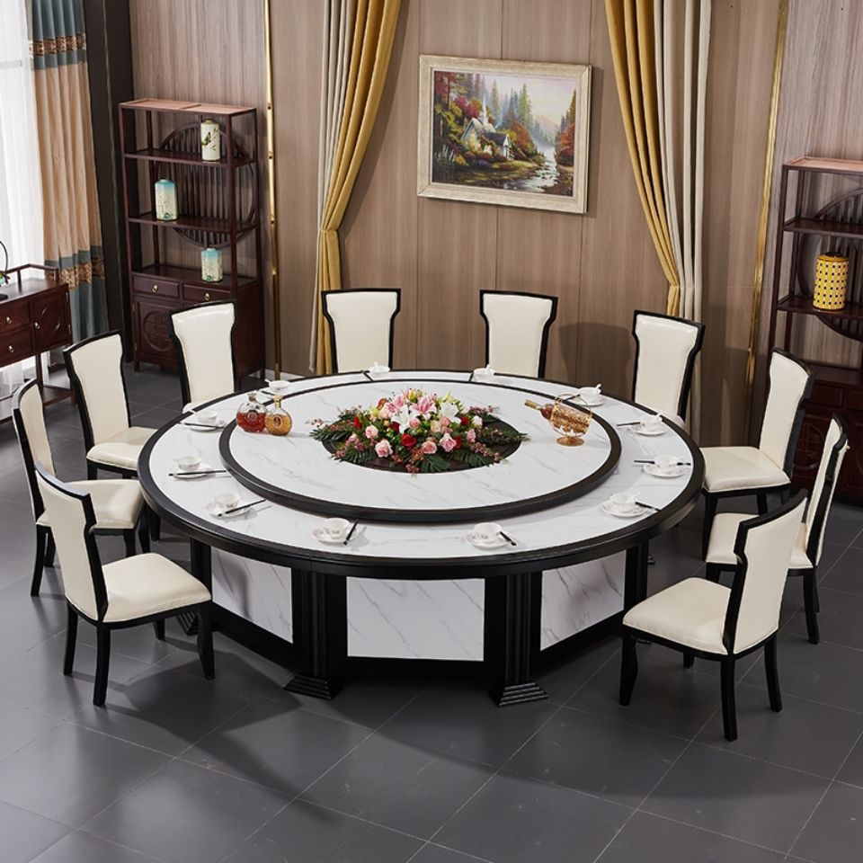 酒店电动餐桌大圆桌椅组合旋转转盘饭店包厢火锅店15人20人新中式