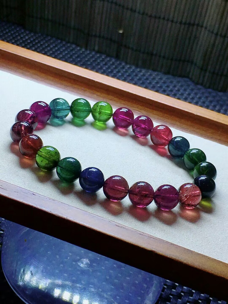 丹利水晶 碧玺手链 老料彩虹碧玺单圈圆珠手链-阿里巴巴