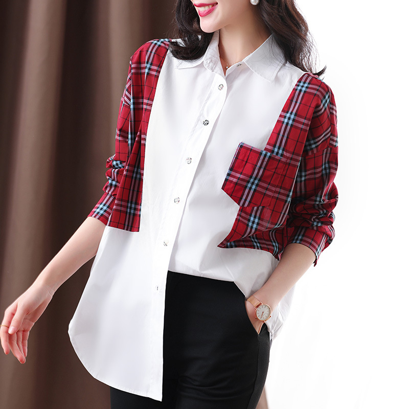 女式衬衫2022款好质量新品中长款单排扣格子拼色时尚女式衬衫开衫