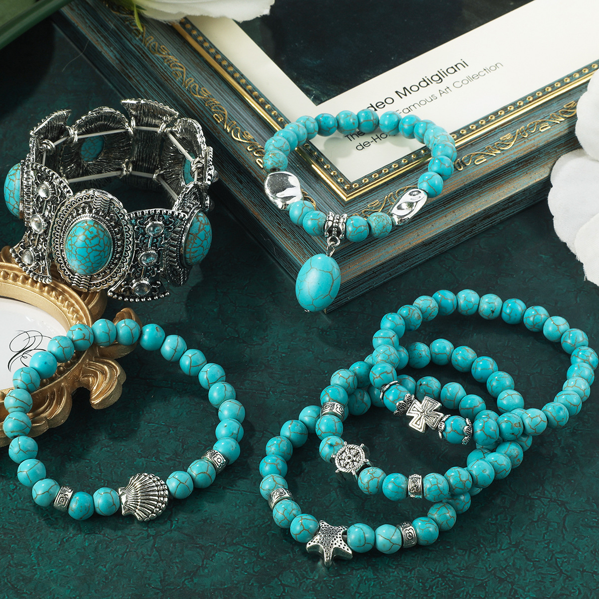 Cross-Border European and American Beads Bracelet Set Turquoise Bracelet Cross Natural Stone Beaded Vintage Turquoise Bracelet