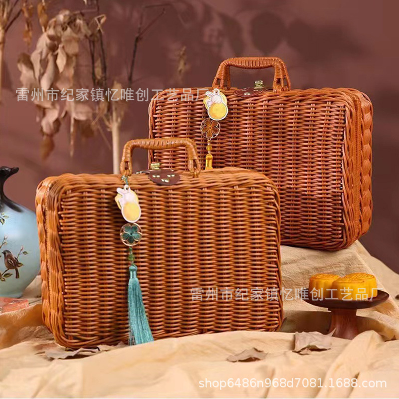 Rattan Suitcase Hand Gift Weaved Storage Basket Storage Box Mid-Autumn Festival Moon Cake Gift Box Retro Decoration Bag Basket