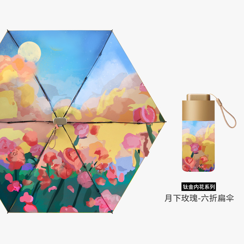 Creative Ultra-Light Oil Painting Black Rubber Umbrella Titanium Sun Protection Folding Umbrella Small and Convenient Capsule Umbrella Six Fold Sun Umbrella