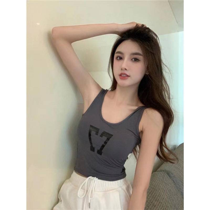 纯欲风字母冰丝吊带内搭全罩杯运动背心大胸显小女辣妹外穿小背心