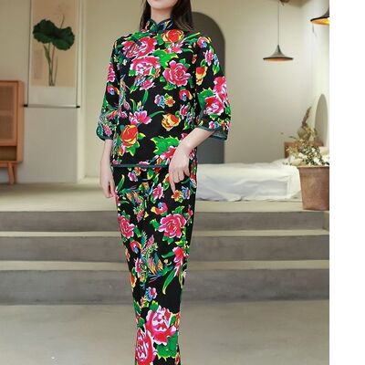 网红东北大花套装村姑花布衣服睡衣民族风秧歌舞演出服装国潮女装