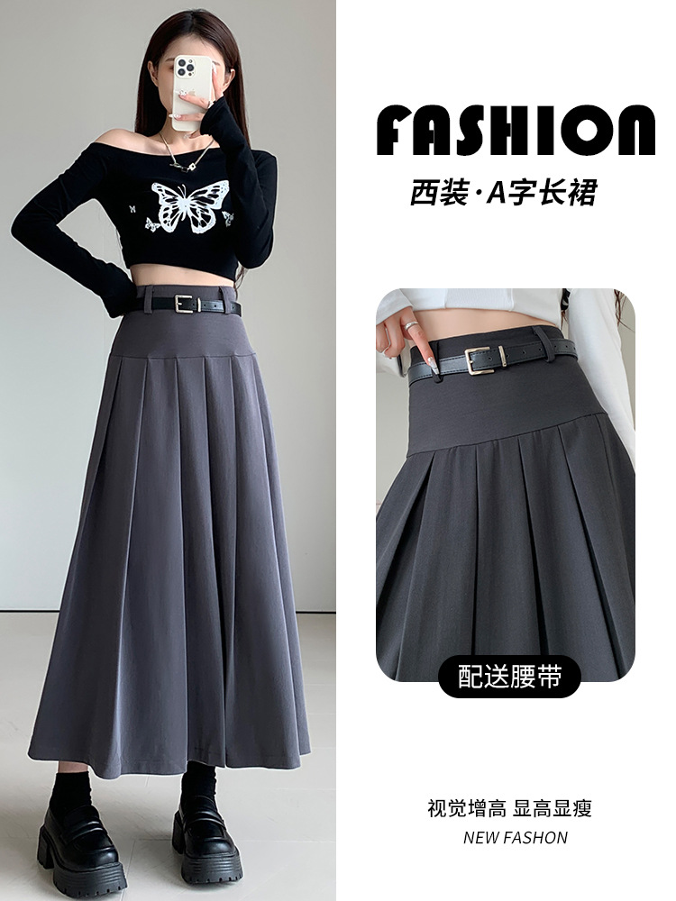 Women's Skirt Autumn Suit Fabric Belt Style Spring New Suit Slimming Draping A- line Pleated Skirt Women