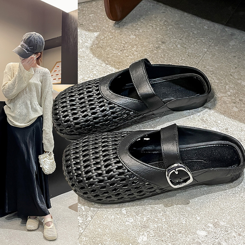 镂空包头半拖鞋女透气新款夏季网面外穿软底拖鞋编织浅口平底凉拖