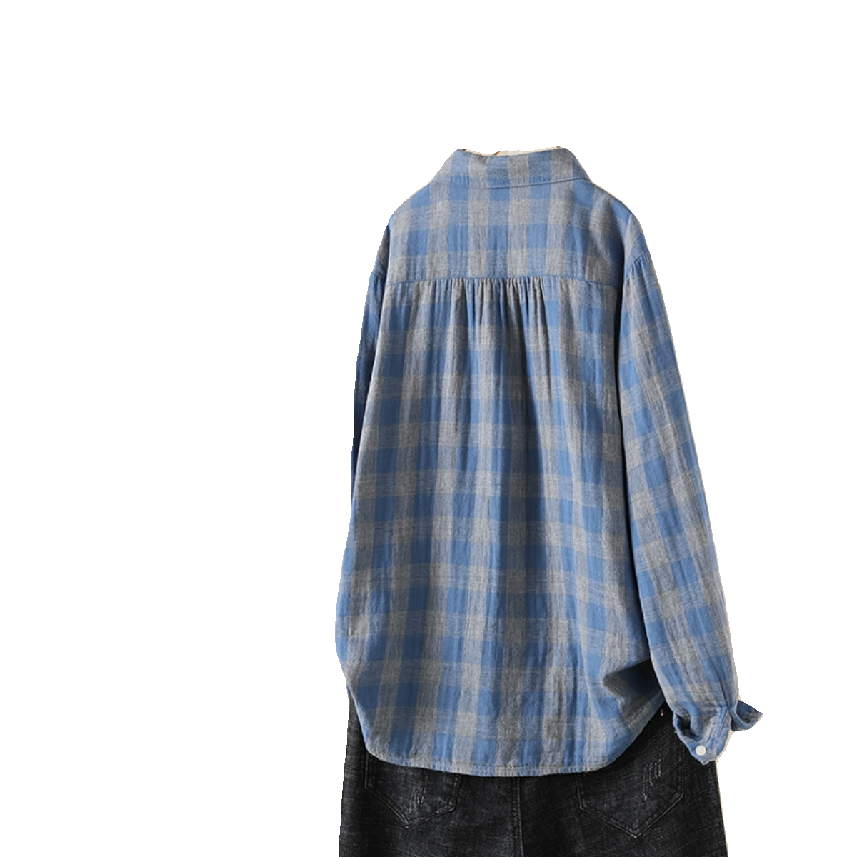 高品质韩国纯棉小格子长袖衬衫女式春秋宽松复古上衣翻领减龄衬衣