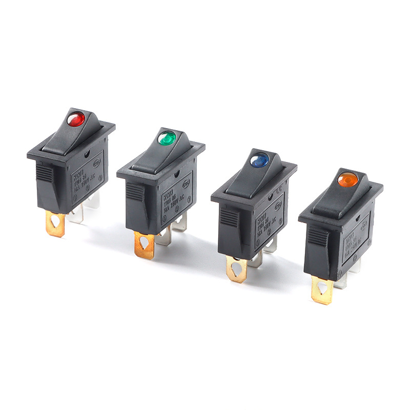 kcd3船型开关220v猫眼红/绿/蓝/黄色带灯3脚2档16a银触点电源开关