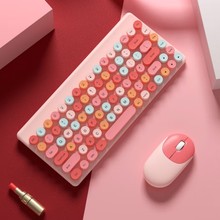 QW02马卡龙彩色口红色无线键盘鼠标套装 粉色女生复古圆按键键鼠