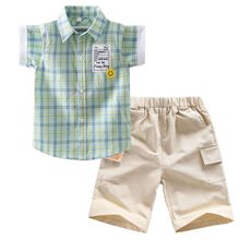 男童套装夏季新款儿童格子衬衫中大童洋气校服短袖运动套装潮流