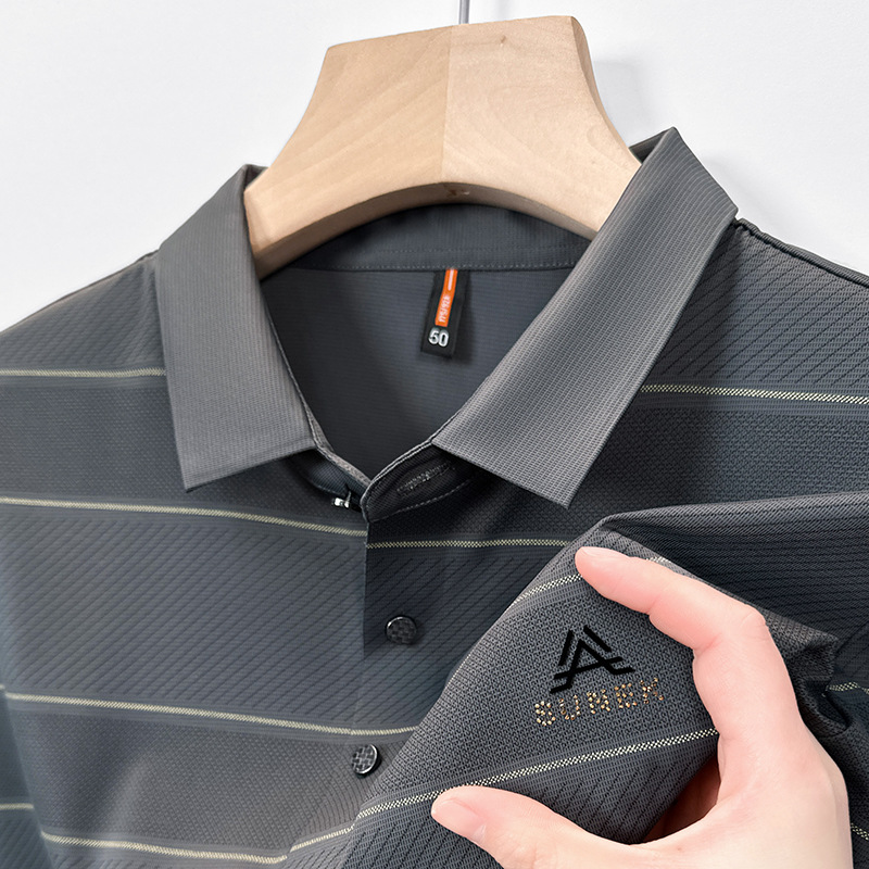 桑蚕丝短袖t恤男夏季无痕高档爸爸装翻领休闲中年条纹半袖polo衫