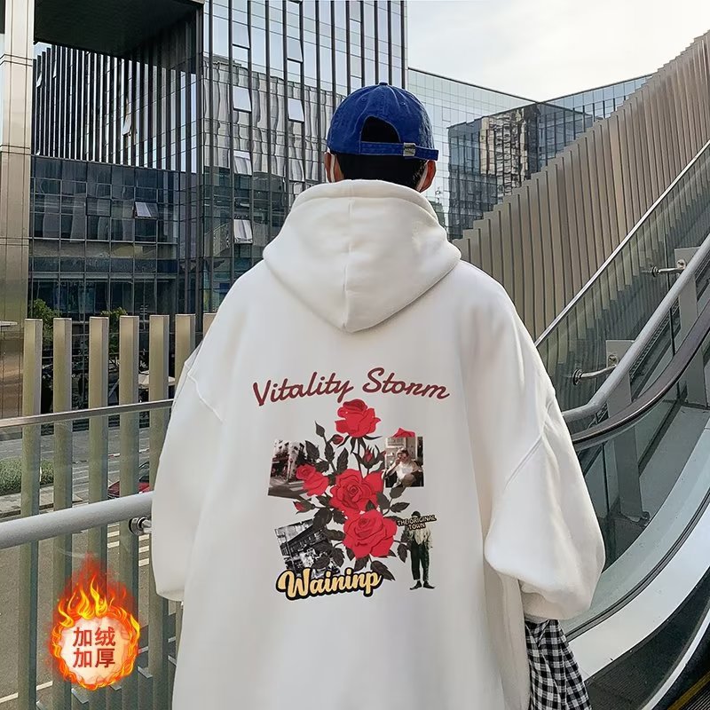 美式复古oversize连帽卫衣男款秋冬季大码hiphop潮牌加绒外套衣服