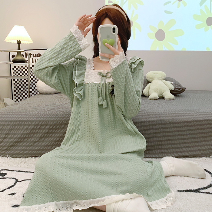 Nightdress Women's Spring and Autumn 6535 Cotton Princess Style Long Sleeve Mid-Length Pajamas plus-Sized Large Size Fat Mm220 Home Wear