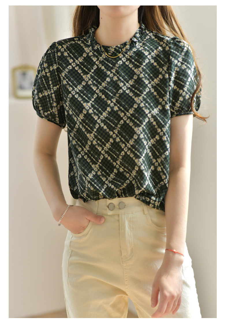 精致时髦小立领桑蚕丝上衣高级感雏菊小碎花格纹衬衫夏季短袖衬衣