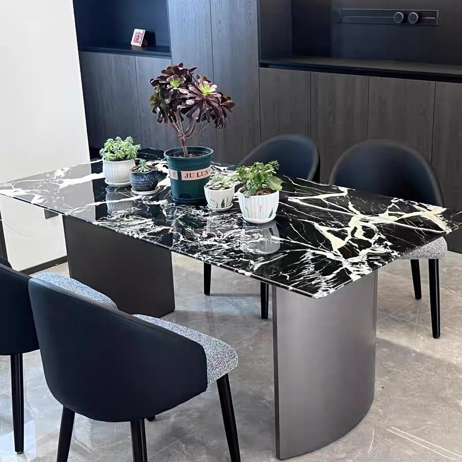 巴西进口天然大理石宝格li黑奢石餐桌意式极简拿破仑黑长方形饭桌