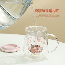 3DWF樱花玻璃杯子大容量家用茶水分离泡茶杯女可爱花茶水杯带盖勺