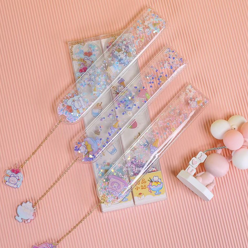 入油流沙尺子学生创意挂件吊坠书签尺直尺软尺可爱绘画刻度尺15cm