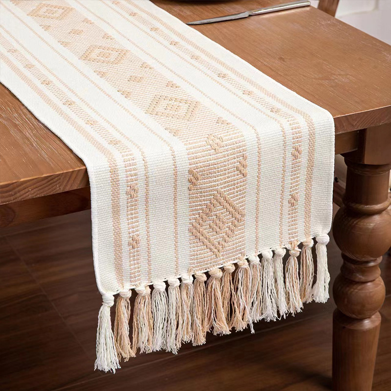 Cross-Border Jacquard Cotton and Linen Table Runner Tablecloth Dining Table Cushion Handmade Tassel Bed Runner Coffee Table Cabinet Cover Towel Tea Towel New