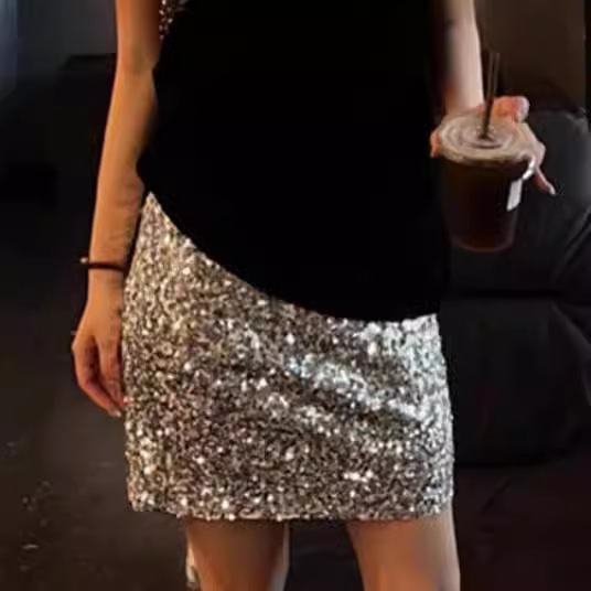 2024夏季新款~夜店风亮片裙带安全裤低腰性感包臀裙长腿超短裙