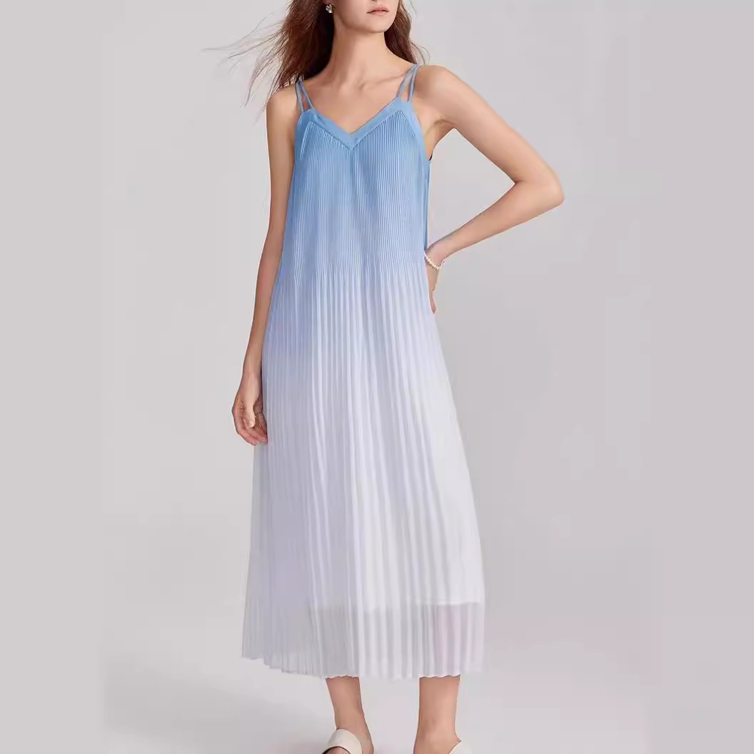 elle法式海边度假风渐变吊带连衣裙女2024夏季新款长款无袖海浪裙