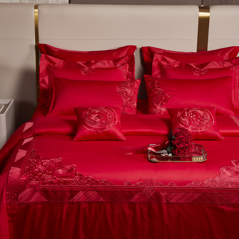 100支澳洲长绒棉结婚四件套全棉婚庆大红色喜被婚房婚床床上用品