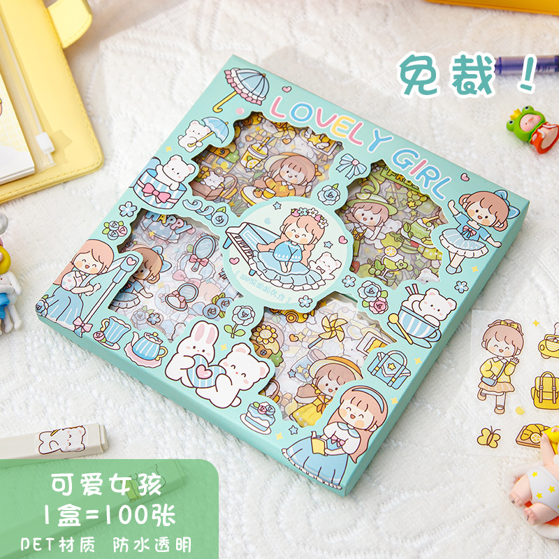 100 PCs Hand Ledger Sticker Boxed Cute Girl Children's Cups Phone Case Waterproof Pet Hand Ledger Decoration Stickers