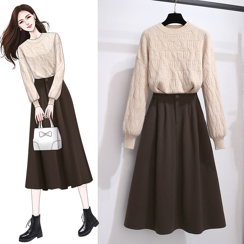 小个子冬季气质搭配套装裙2021年新款加厚毛衣毛呢长裙两件套时尚