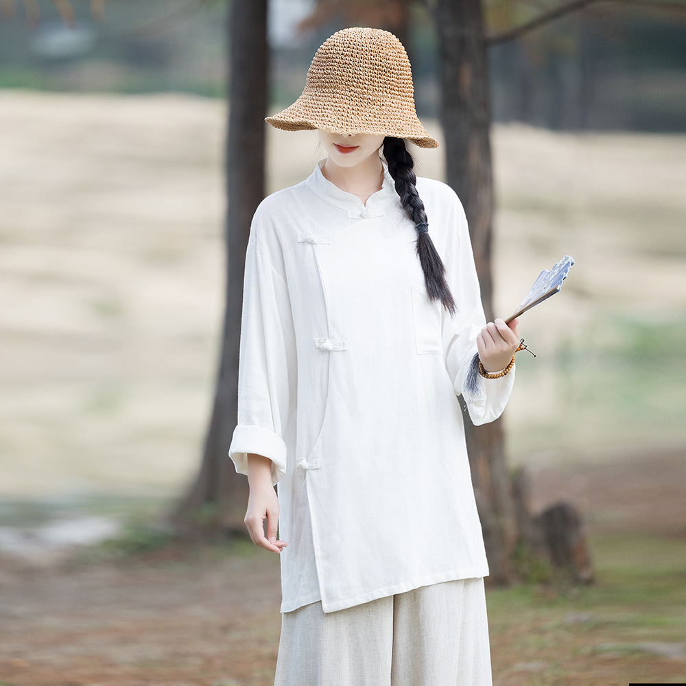 春秋棉麻唐装上衣中国风素衣茶服女太极禅意禅服居士服佛系打坐夏
