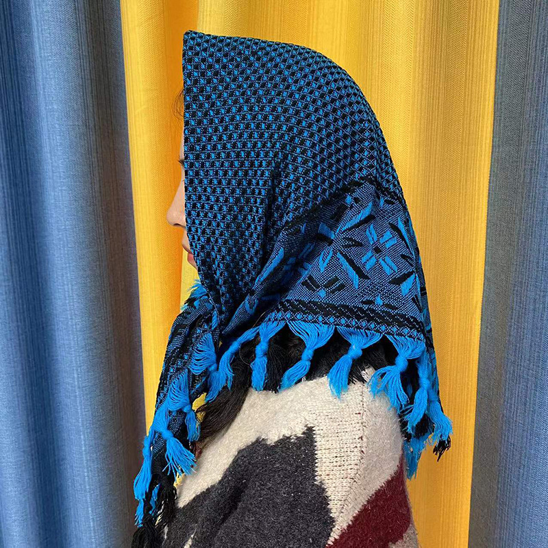 中老年农村妇女毛线方巾秋冬保暖双层提花包头巾围巾四方老太太巾